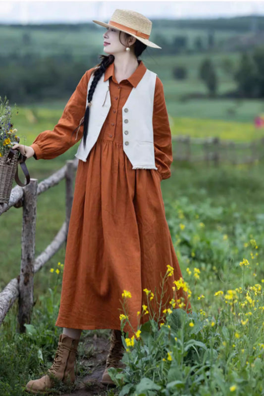 Orange long sleeves spring linen shirt dress women C5422