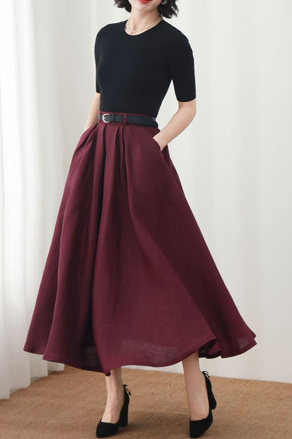 Burgundy Linen Maxi Skirt: A-Line Linen Blend Summer Skirt with Pockets, Ylistyle C5450