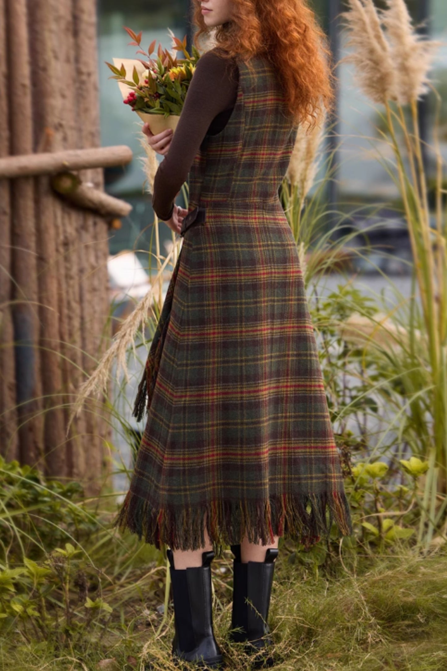 Sleeveless winter plaid wool dress women C5297