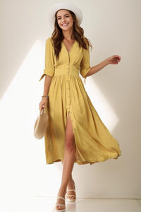 Deep V neck Linen party Dress C4068