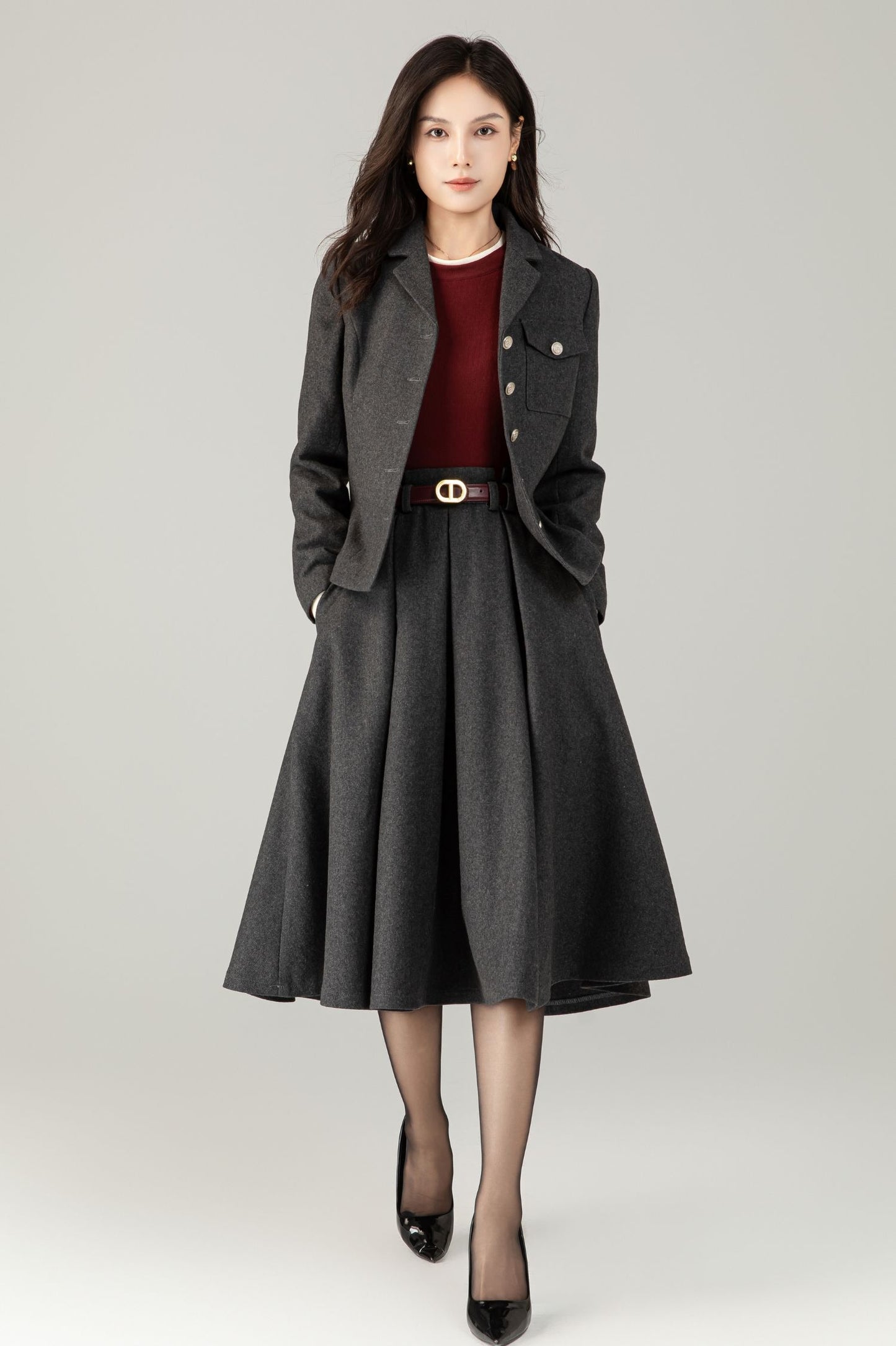 Gray short wool jacket coat C5241