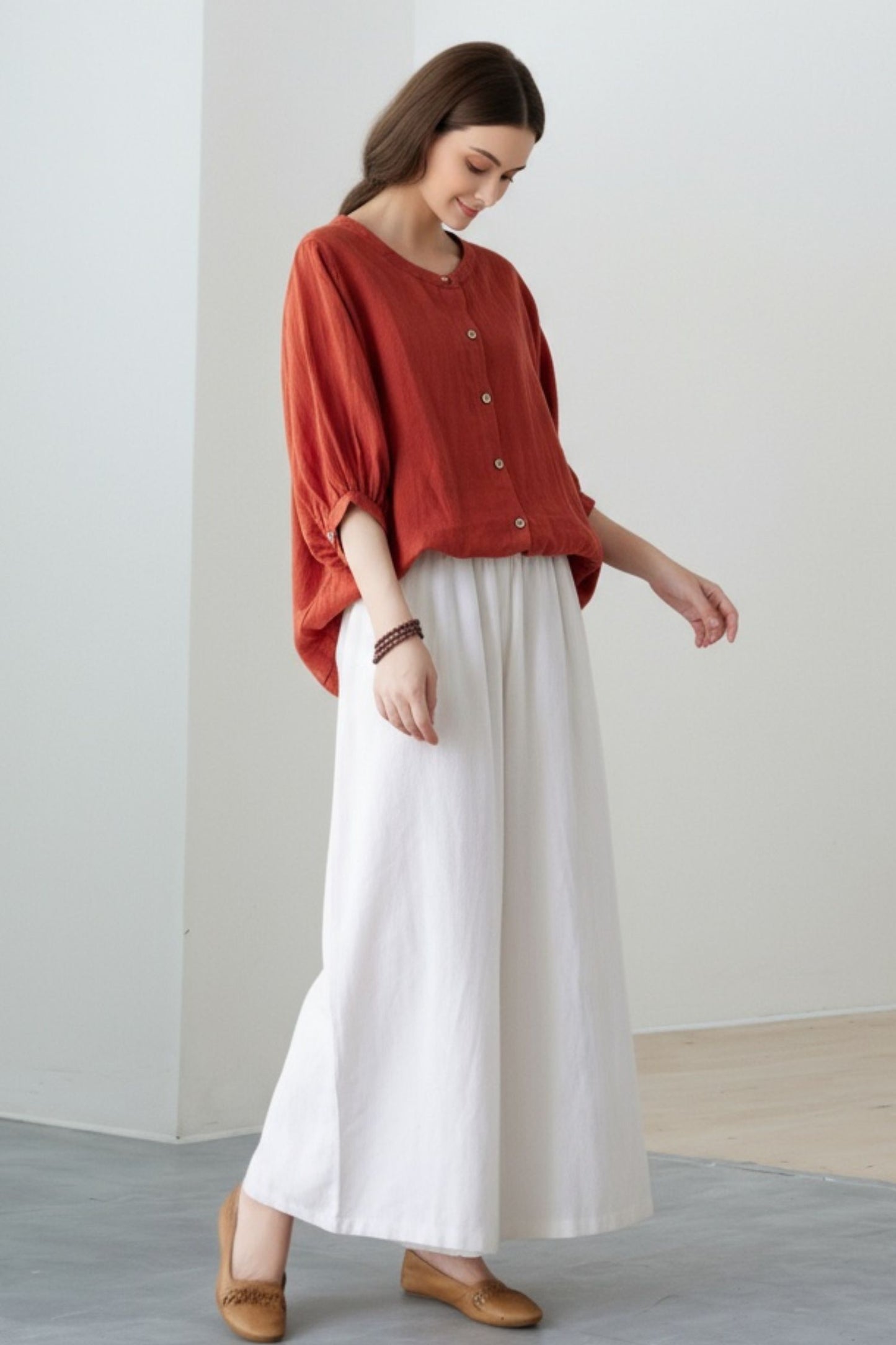 Rust Linen Blouse: Oversized 3/4 Sleeve Button-Up Relaxed Fit Top, Ylistyle C5321