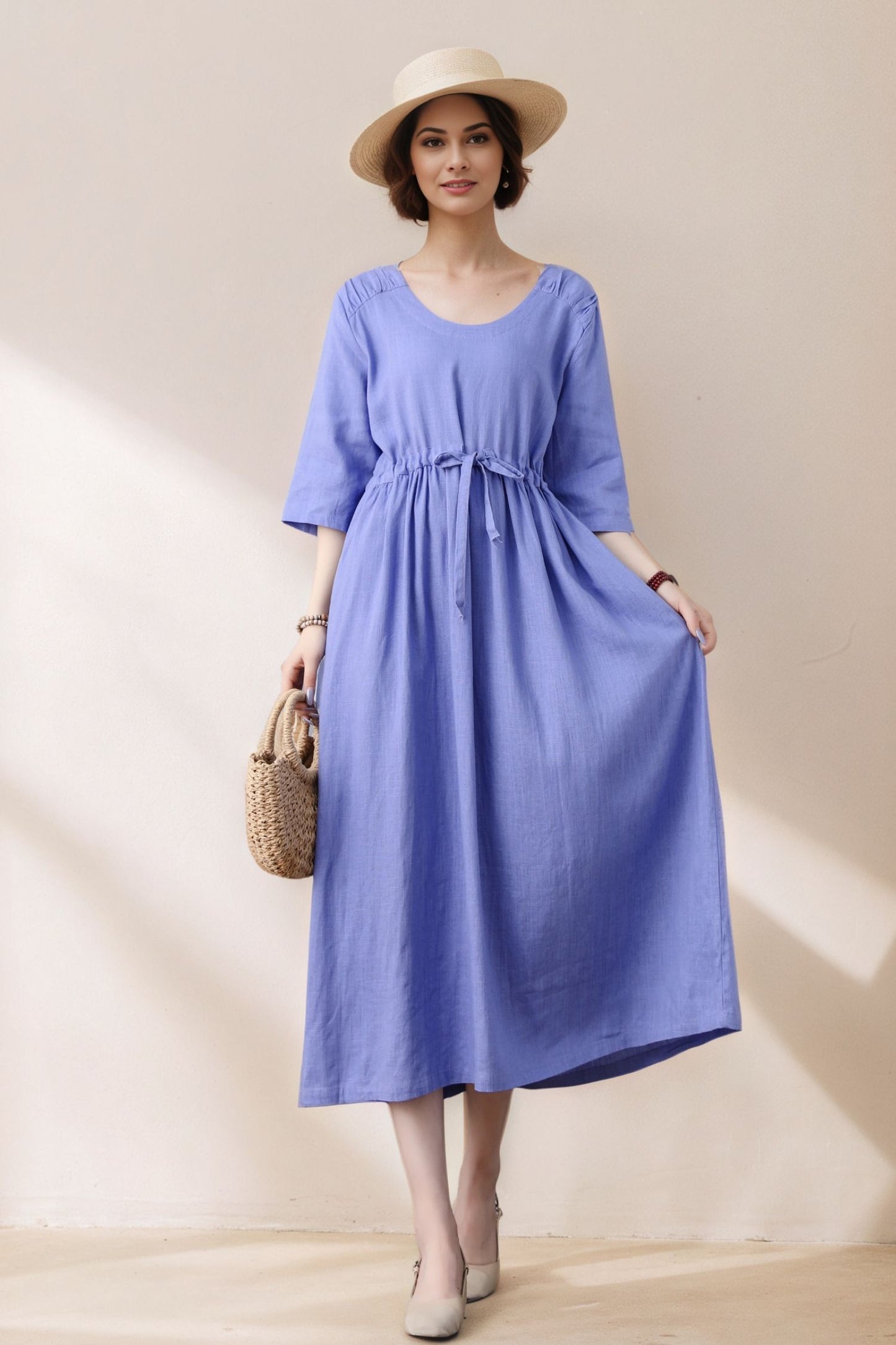 Purple 3/4 Sleeve Pleated Linen Dress With Drawstring C5389