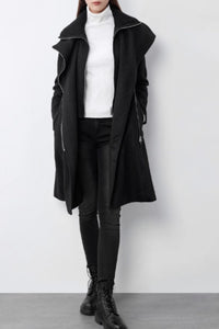 Black striple asymmetrical wool coat C4601