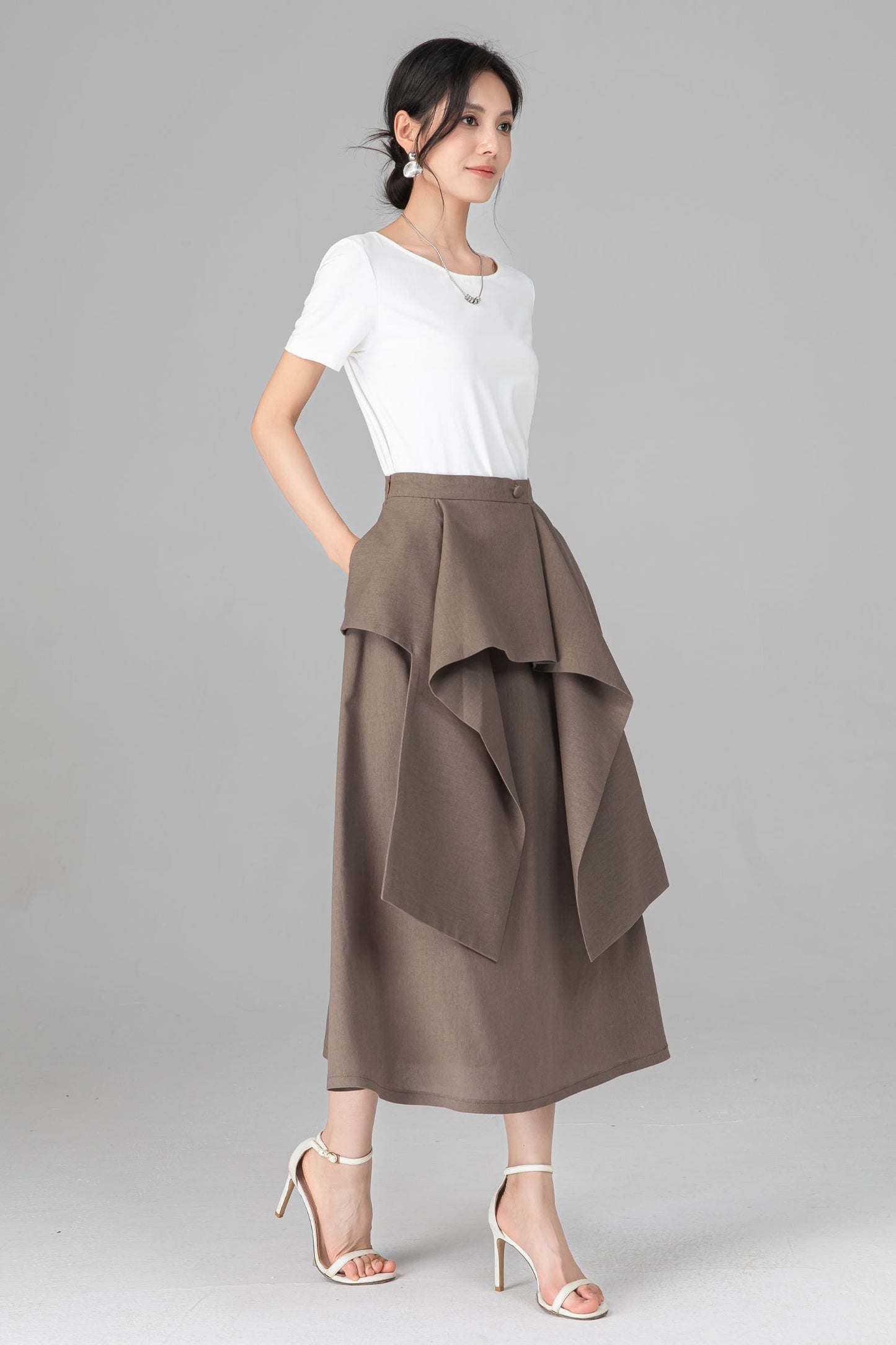 Khaki Linen Cotton Midi Skirt - Asymmetrical Layered Ruffle A-Line C5521