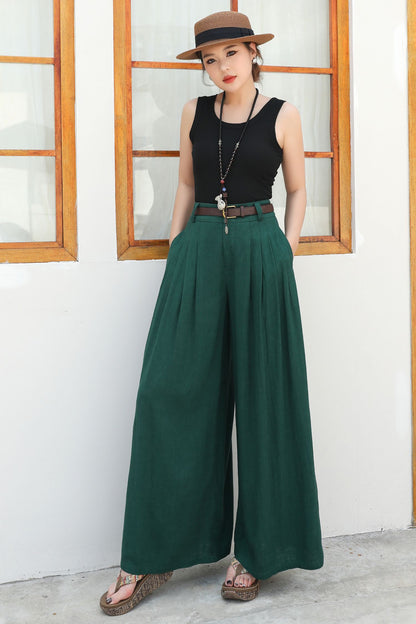 Wide leg green linen pants c4836