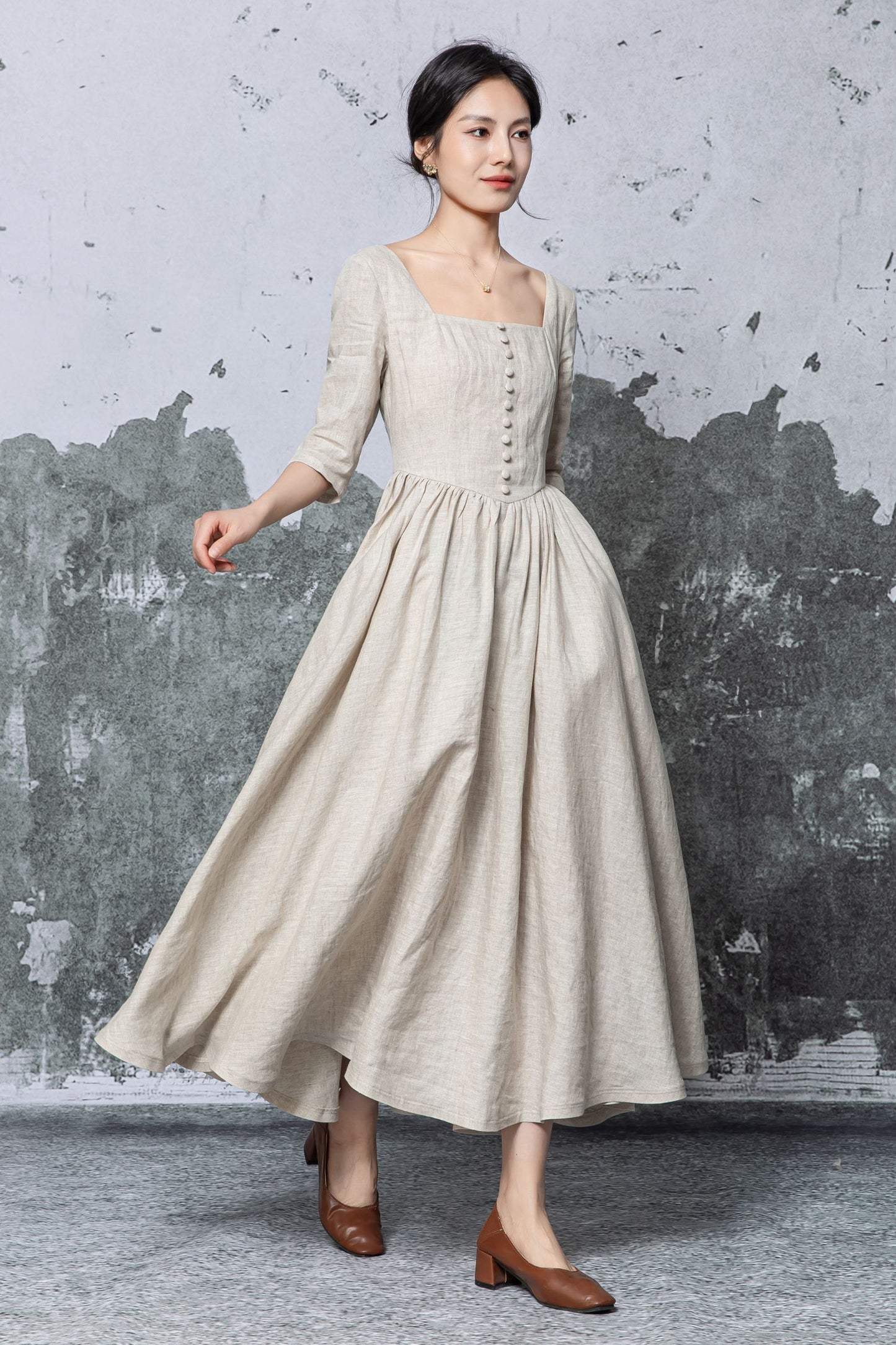 Beige Linen Maxi Dress - Square Neck, Empire Waist c5470