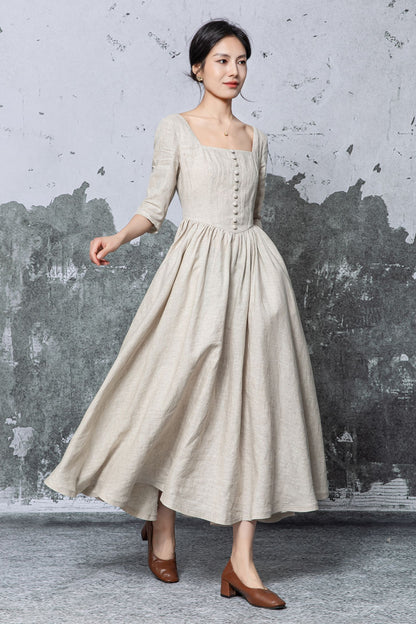 Beige Linen Maxi Dress - Square Neck, Empire Waist c5470