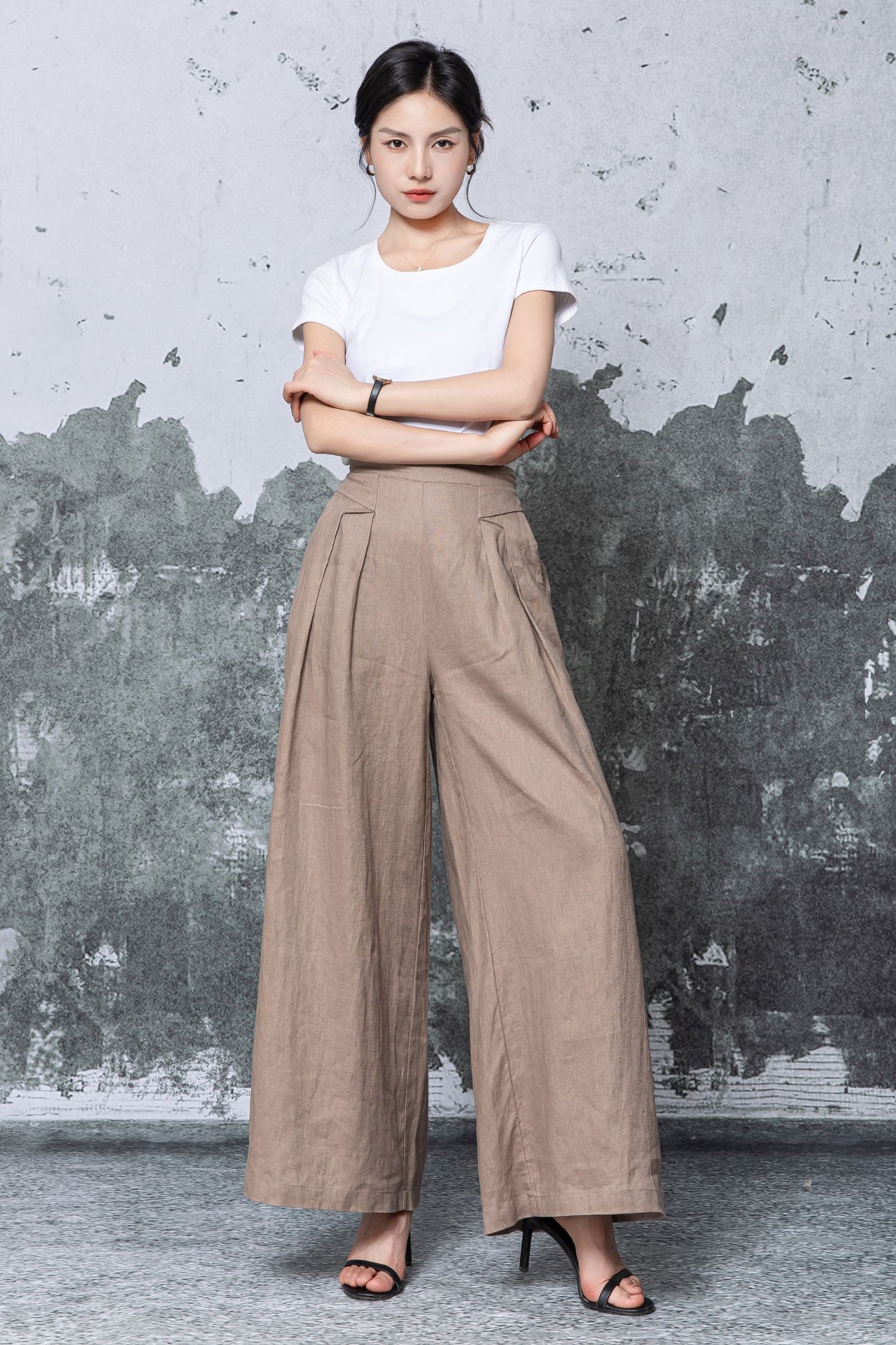 Brown Linen Wide Leg Pants - High Waisted Flowing Palazzo Trousers c5465