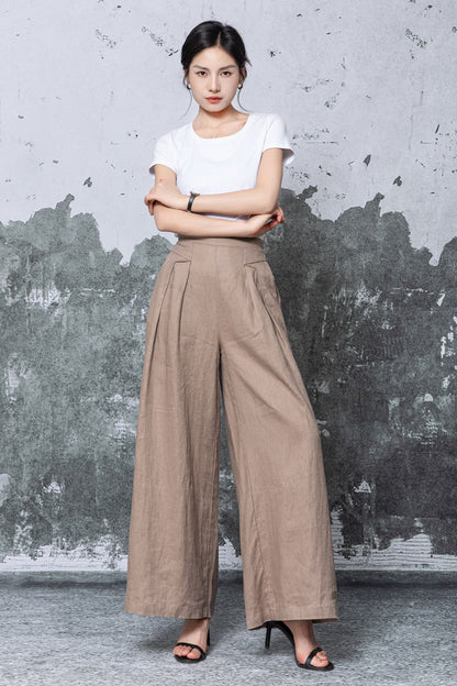 Brown Linen Wide Leg Pants - High Waisted Flowing Palazzo Trousers c5465