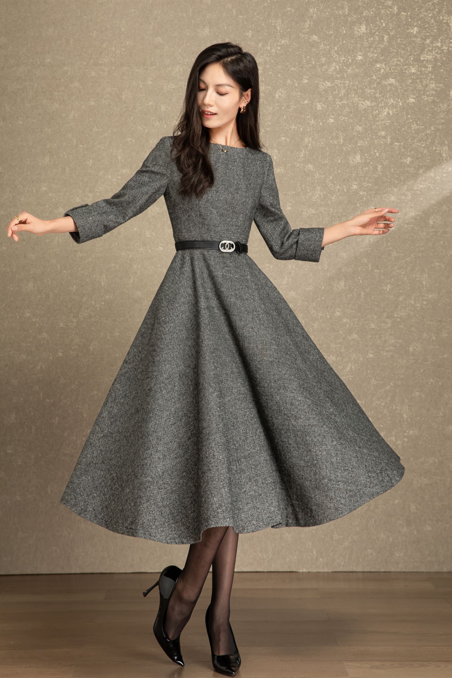 Gray Wool Midi Fit and Flare Dress - A-Line Silhouette c4495