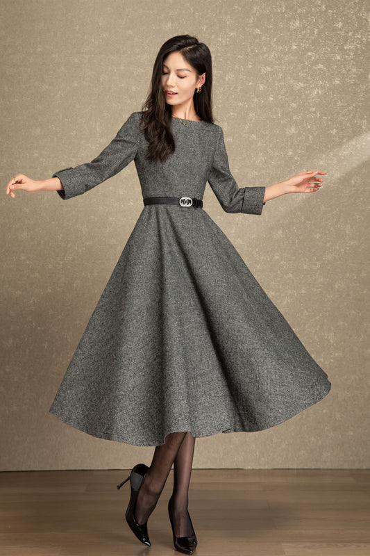 Gray midi fit and flare wool dress C4495