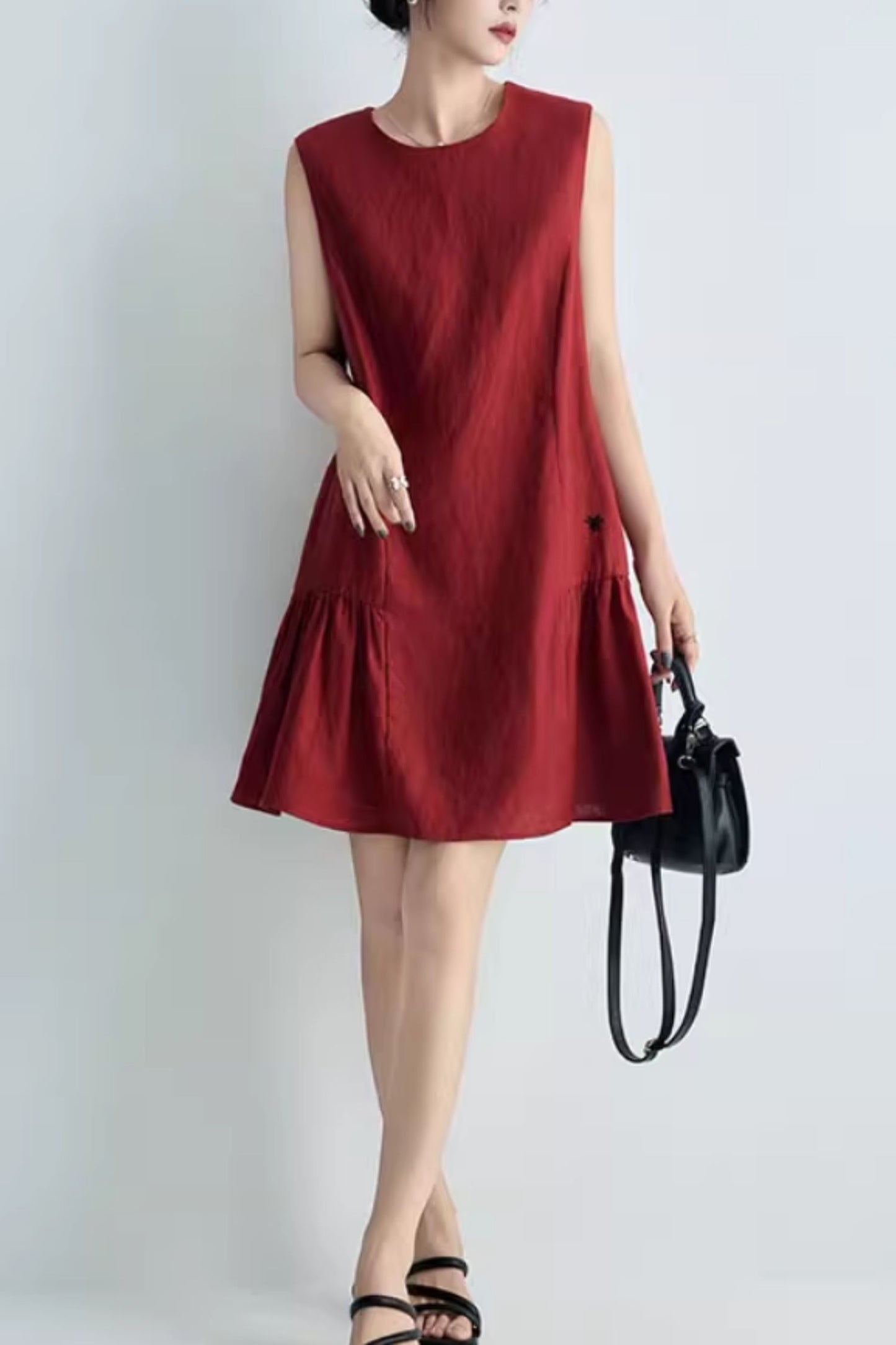 Burgundy womens summer short linen dress C5063