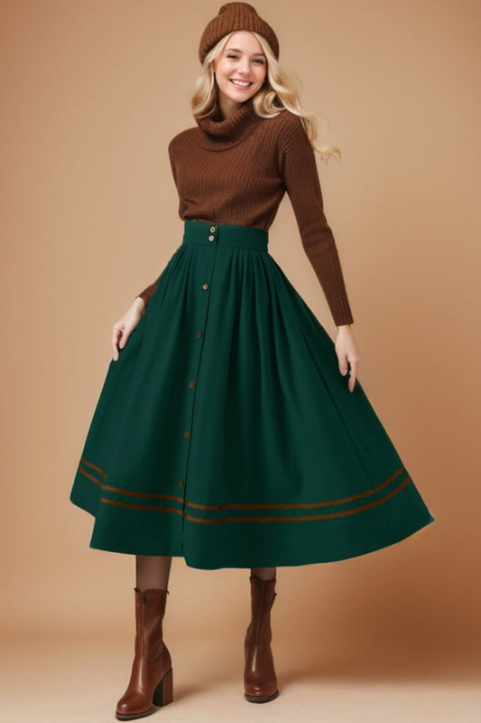 Button Front Swing Green Wool Skirt C4513