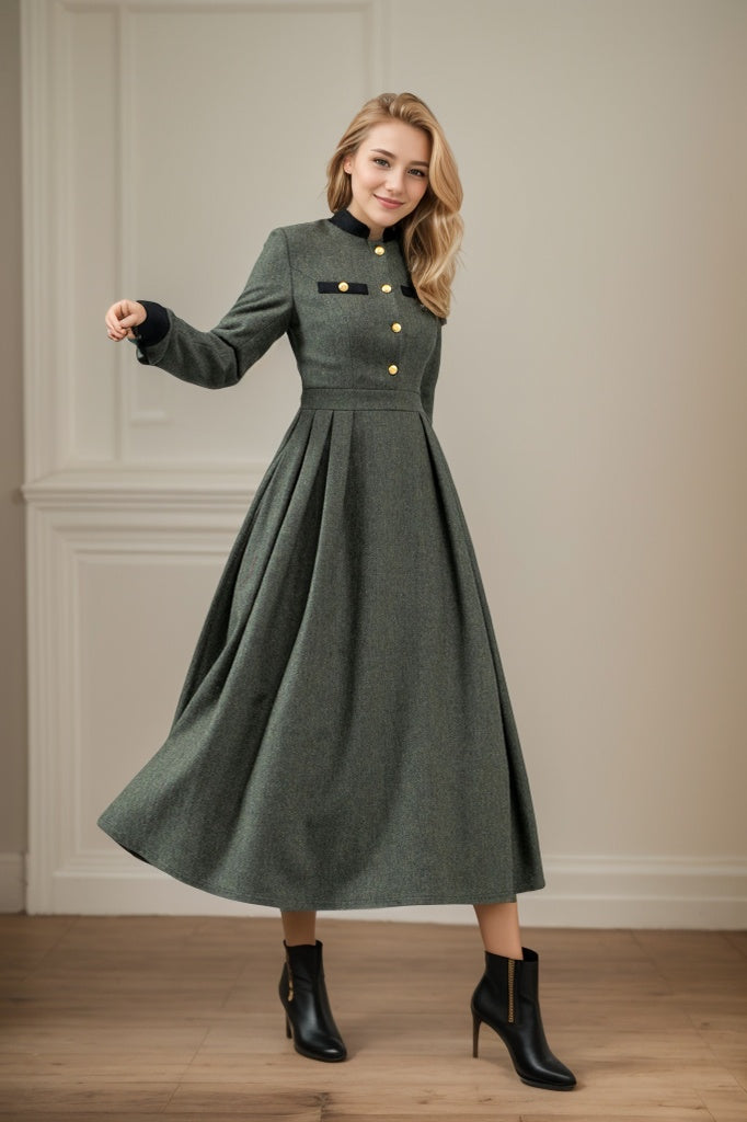 Button front army green winter wool dress C4441