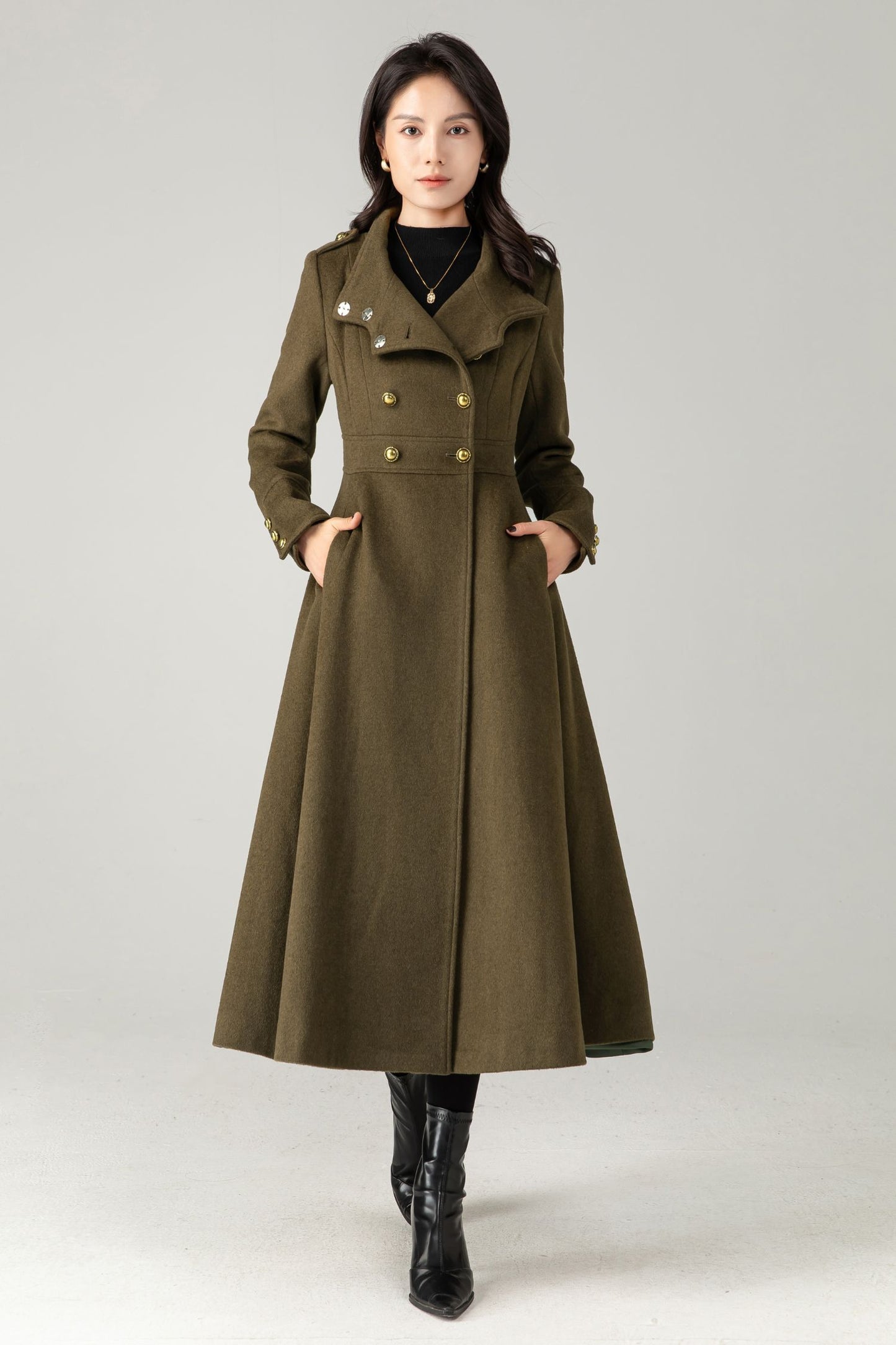 Green Wool Maxi Trench Coat: Double Breasted Long Winter Overcoat C5344