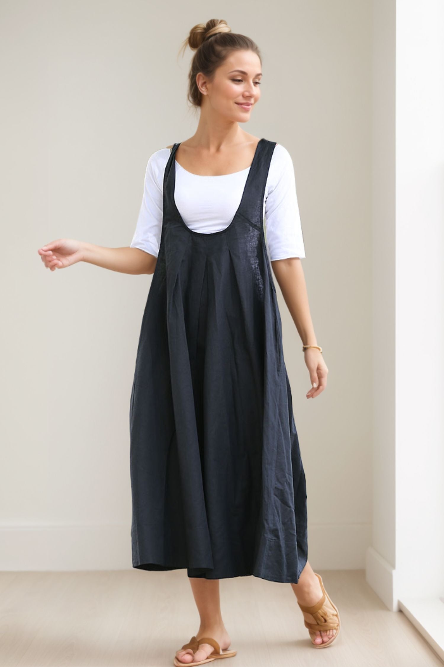 Black Linen Cotton Blend Pinafore Dress with Loose Fit Mid-Calf Length Black / L
