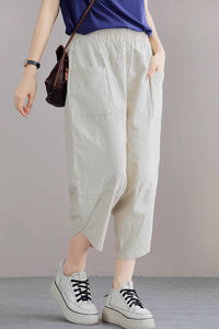 Elastic waist loose fitting linen pants C4438