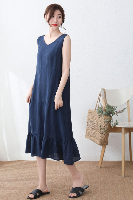 Blue V Neck Sleeveless Dress for Women C2331