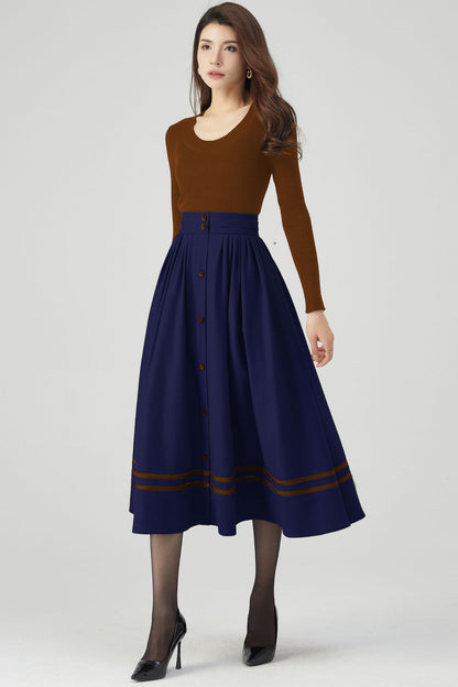 Button Front Navy Blue Wool Skirt C4512
