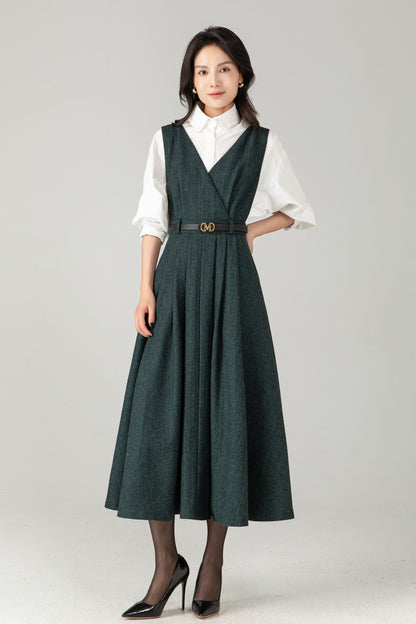 Dark Green Wool Blend Midi Pinafore Dress for Women – Sleeveless V-Neck Winter Jumper with Belt, Ylistyle C5339