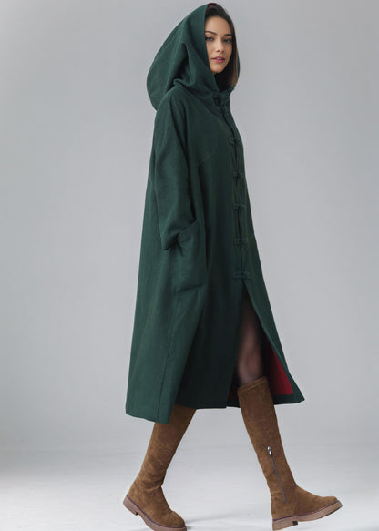 Women's Oversized Hooded Linen Jacket, Green Linen Cape Coat C5148
