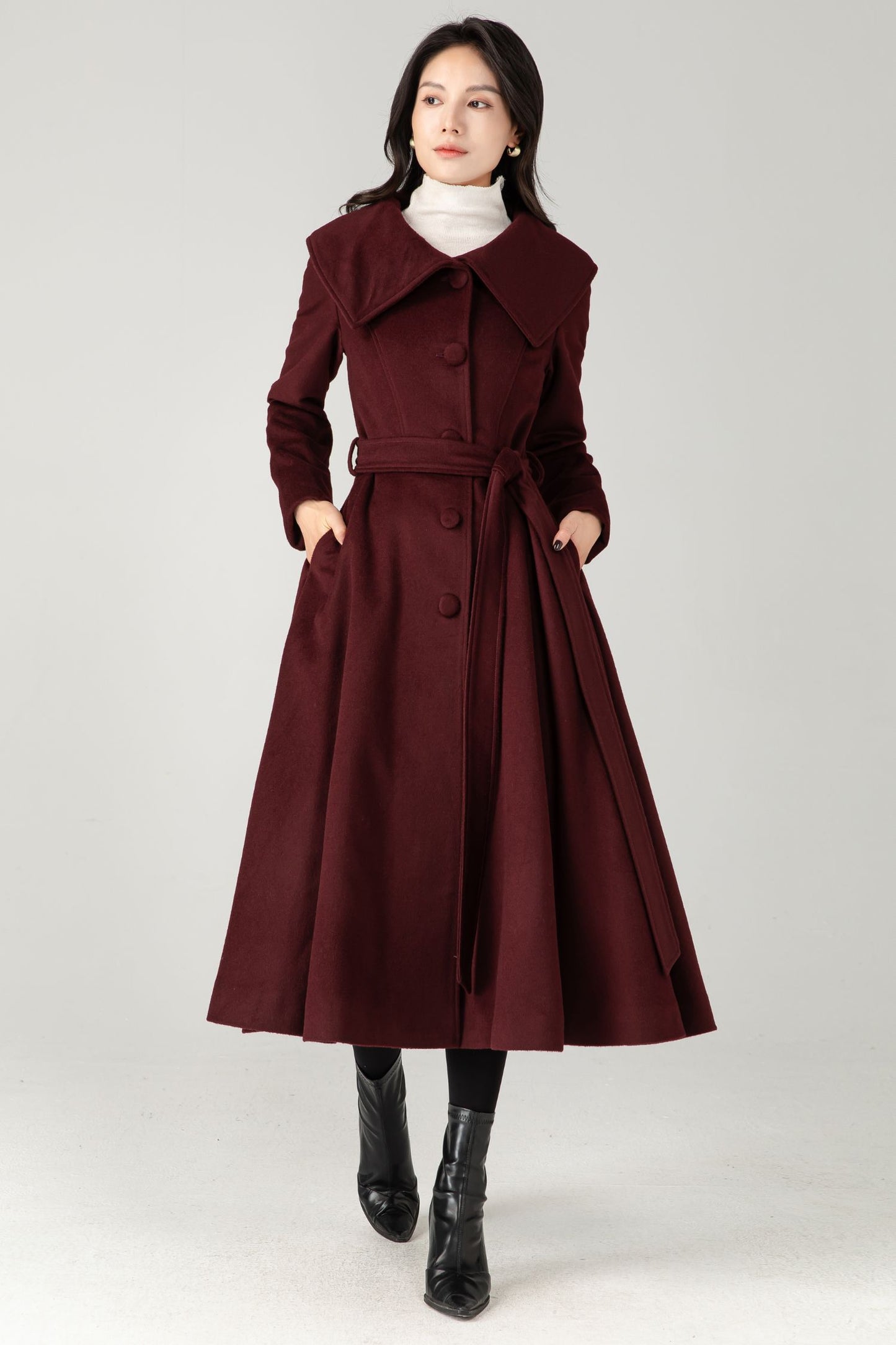 Burgundy Wool Blend Midi Coat: Belted Winter Swing Coat C5337