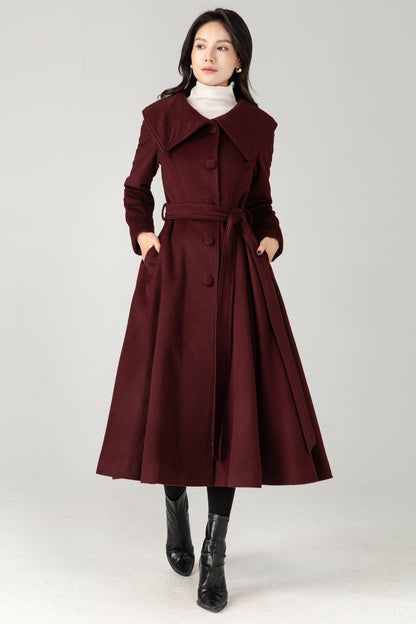 Burgundy Wool Blend Midi Coat: Belted Winter Swing Coat C5337