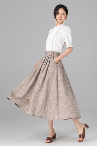 Beige Linen A-Line Midi Skirt with Pockets - Pleated & Comfortable C5520