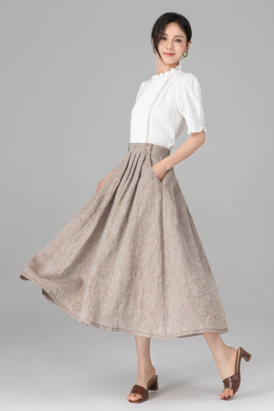 Light brown Linen Skirt for Women, A-Line Linen Midi Skirt with Pockets C5520