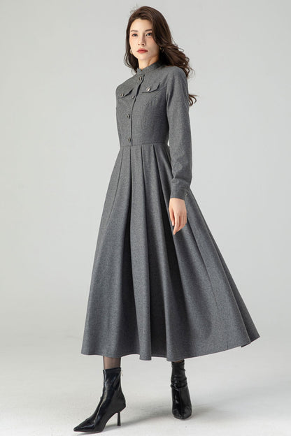 Autumn/winter Gray Wool Dress C4316