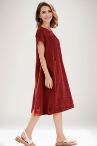 Red linen dress midi dress C283