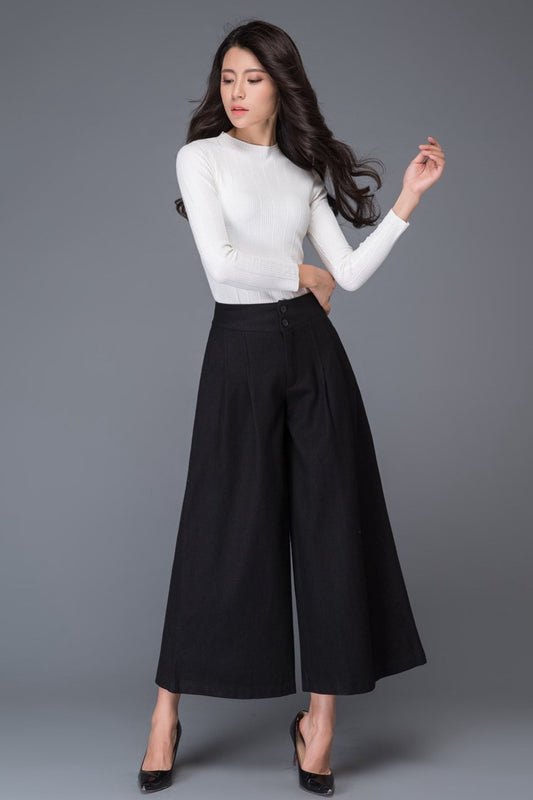 Black midi winter wool pants with pockets C1015