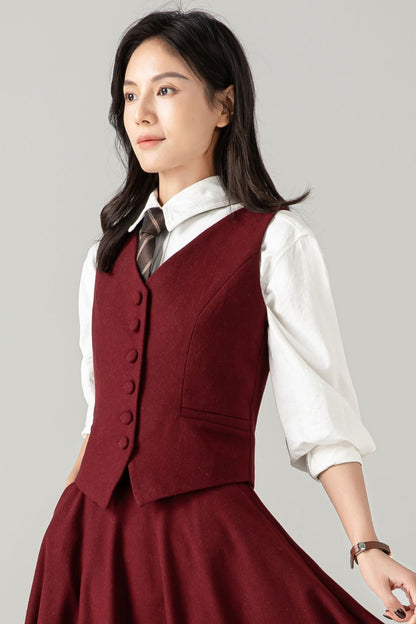 Burgundy Wool Blend Waistcoat: Vintage-Inspired Vest with Adjustable Back Tab, Ylistyle C5370