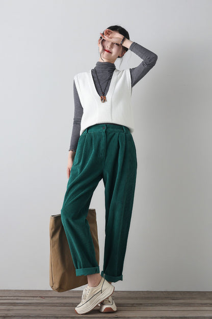 Green wide leg corduroy winter pants C4346