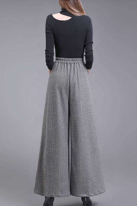 Gray Wool Wide Leg Pants - High Waist Winter Comfort C3436