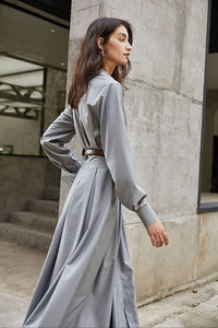 Autumn maxi gray shirt dress women C3476