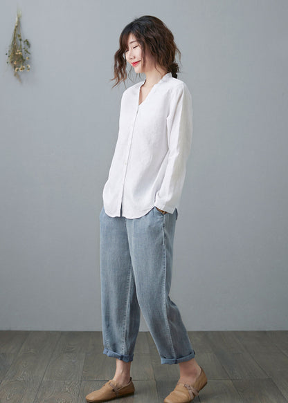 White Linen Shirts, V neck Blouse C2107