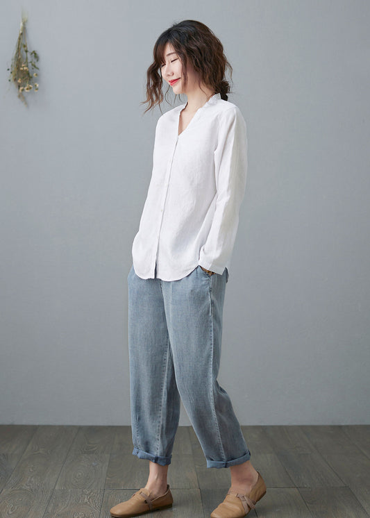 White Linen Shirts, V neck Blouse C2107
