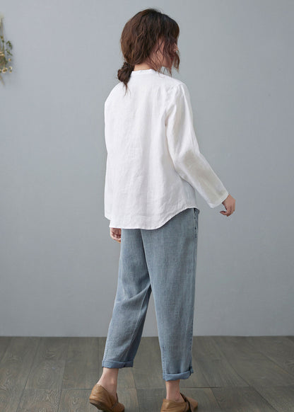White Linen Shirts, V neck Blouse C2107