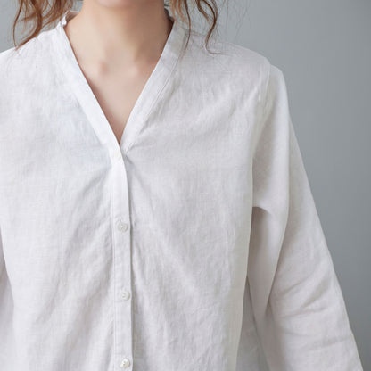 White Linen Shirts, V neck Blouse C2107