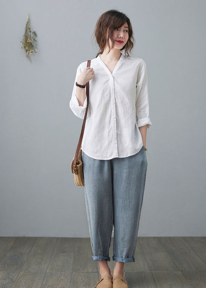 White Linen Shirts, V neck Blouse C2107