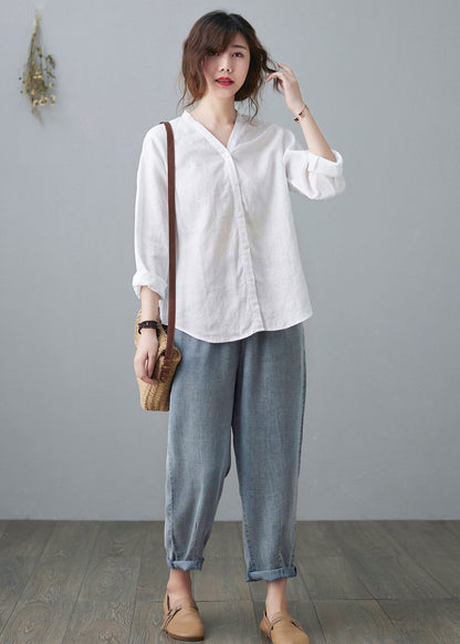 White Linen Shirts, V neck Blouse C2107