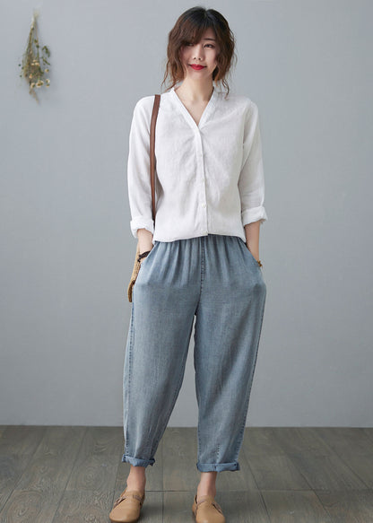 White Linen Shirts, V neck Blouse C2107