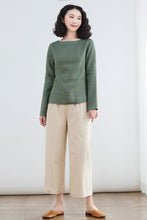 Load image into Gallery viewer, Long sleeve linen Tops in green C2678,Size XS #CK2200059
