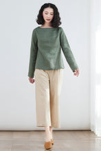 Load image into Gallery viewer, Long sleeve linen Tops in green C2678,Size XS #CK2200059

