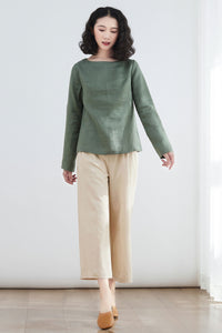 Long sleeve linen Tops in green C2678,Size XS #CK2200059