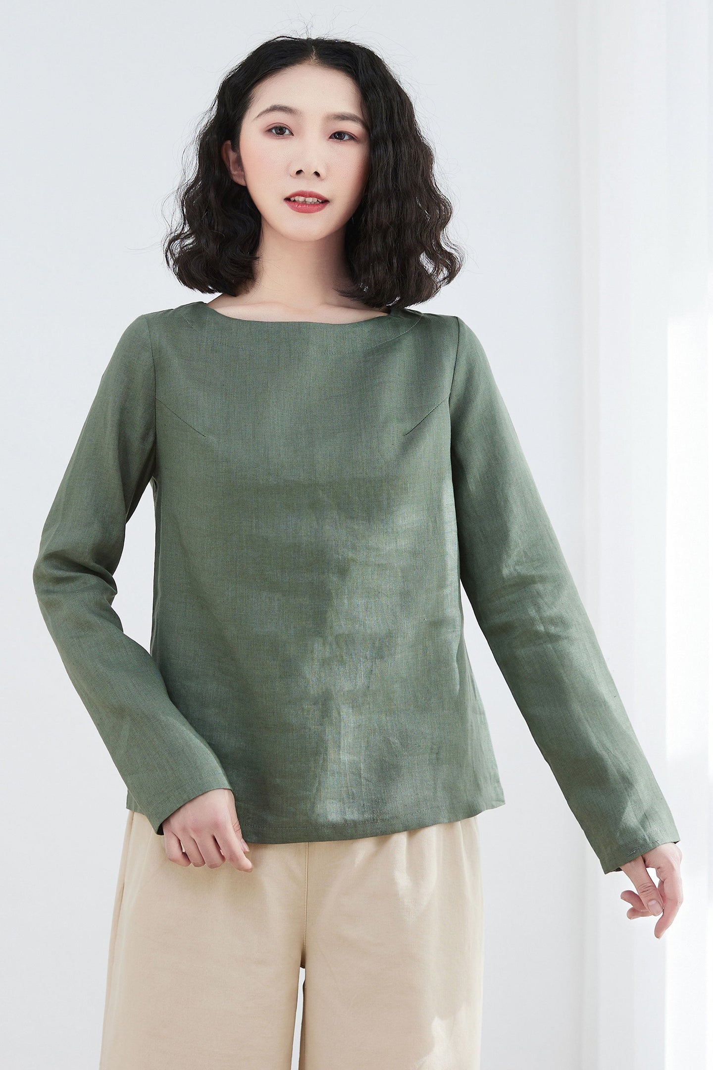 Long sleeve linen Tops in green C2678,Size XS #CK2200059