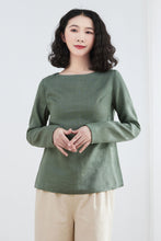 Load image into Gallery viewer, Long sleeve linen Tops in green C2678,Size XS #CK2200059
