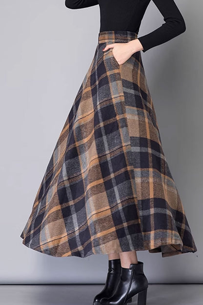 maxi plaid long wool skirt for women C3756